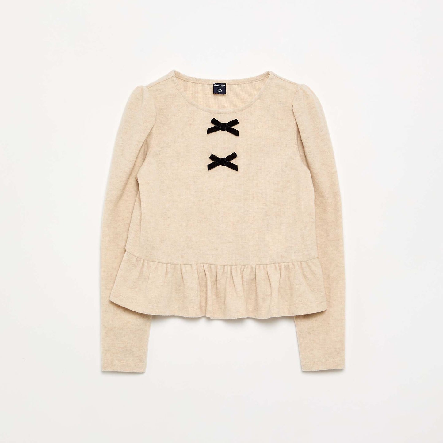 T-shirt with bows and ruffle at the hem BEIGE