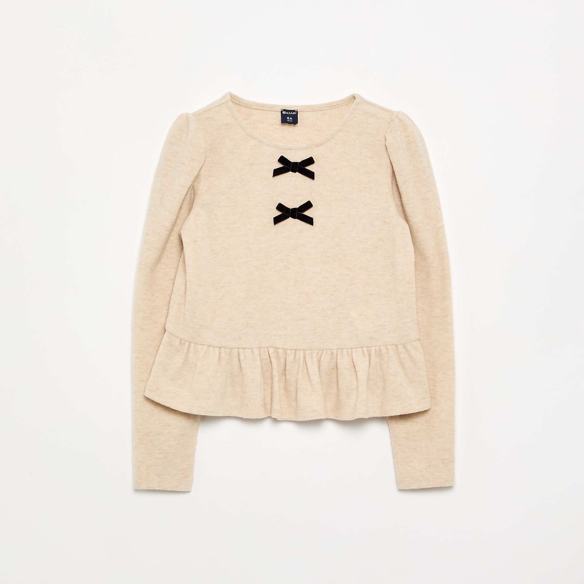 T-shirt with bows and ruffle at the hem BEIGE