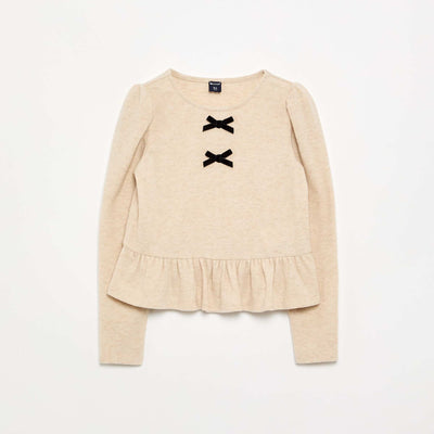 T-shirt with bows and ruffle at the hem BEIGE