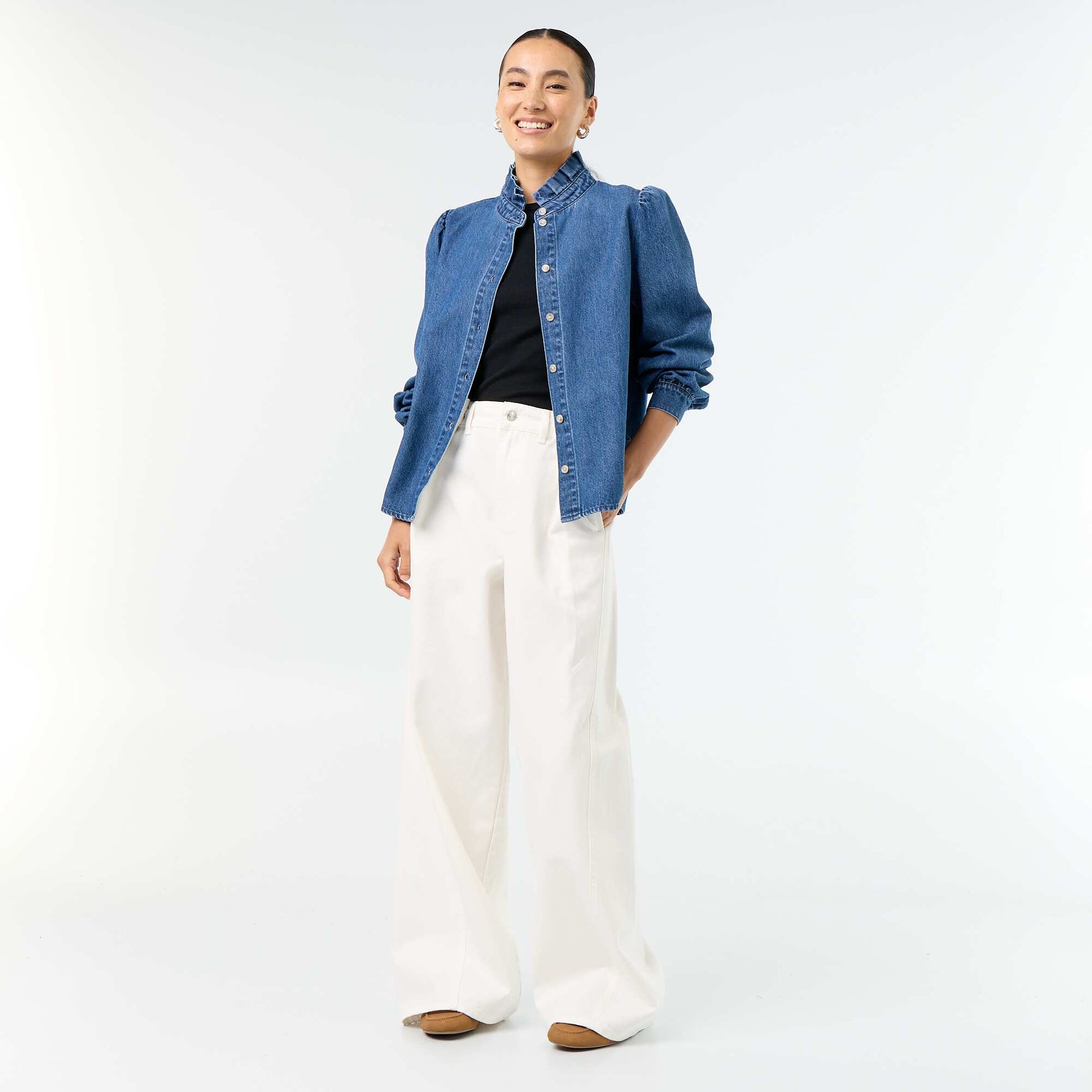 Wide-leg pants with pleats and waist buttons WHITE