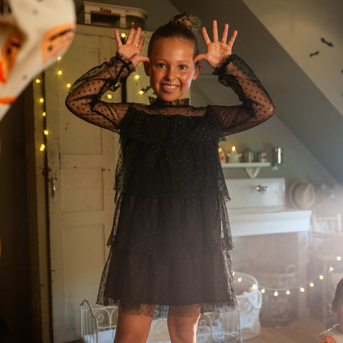 'Halloween' Long-Sleeved Tulle Dress with High Neck BLACK