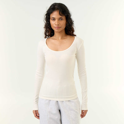 Long-sleeved pointelle knit T-shirt BEIGE
