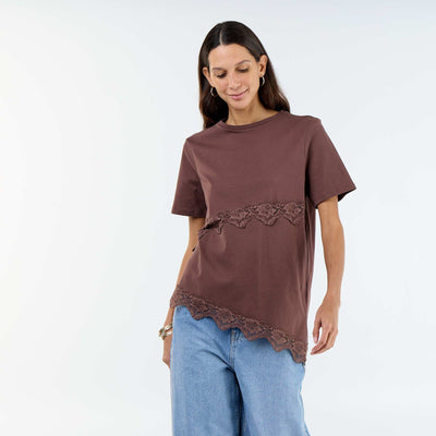 Short-sleeved T-shirt with lace BROWN