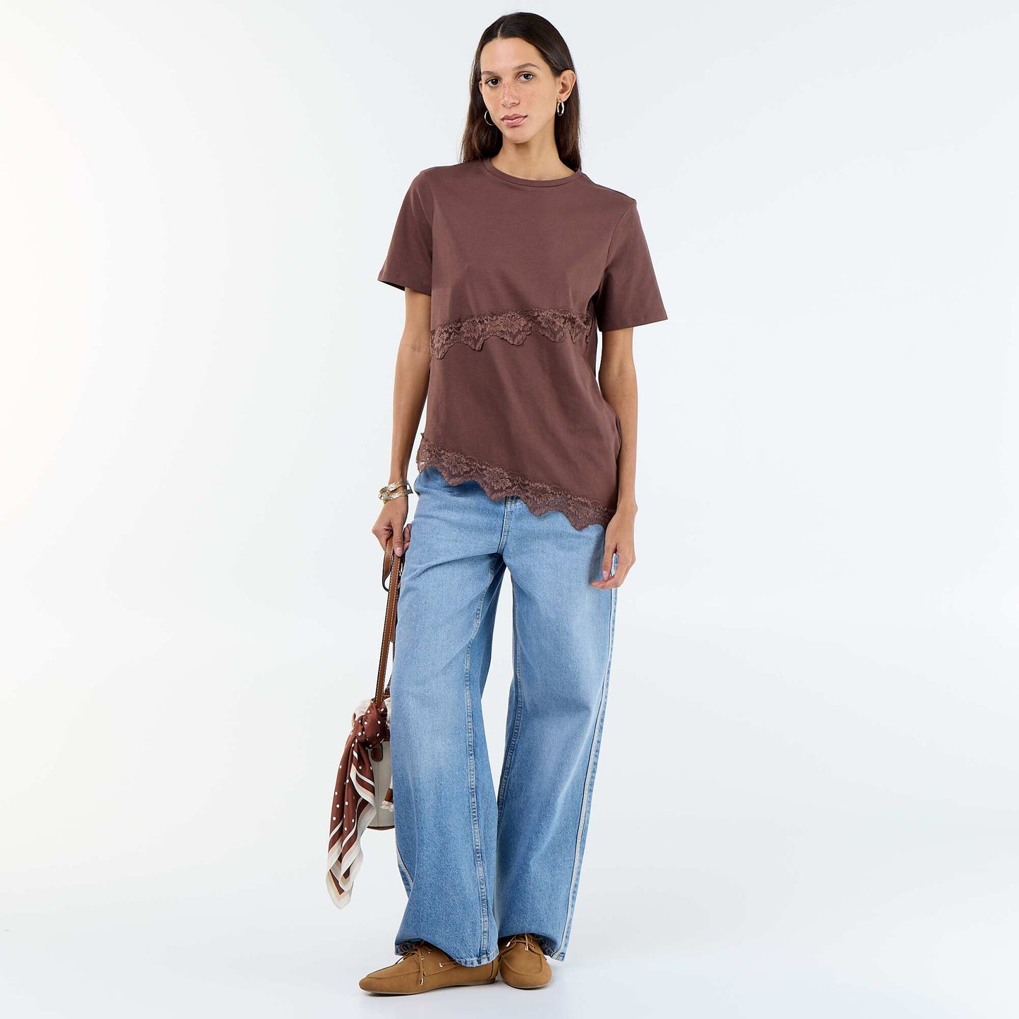 Short-sleeved T-shirt with lace BROWN