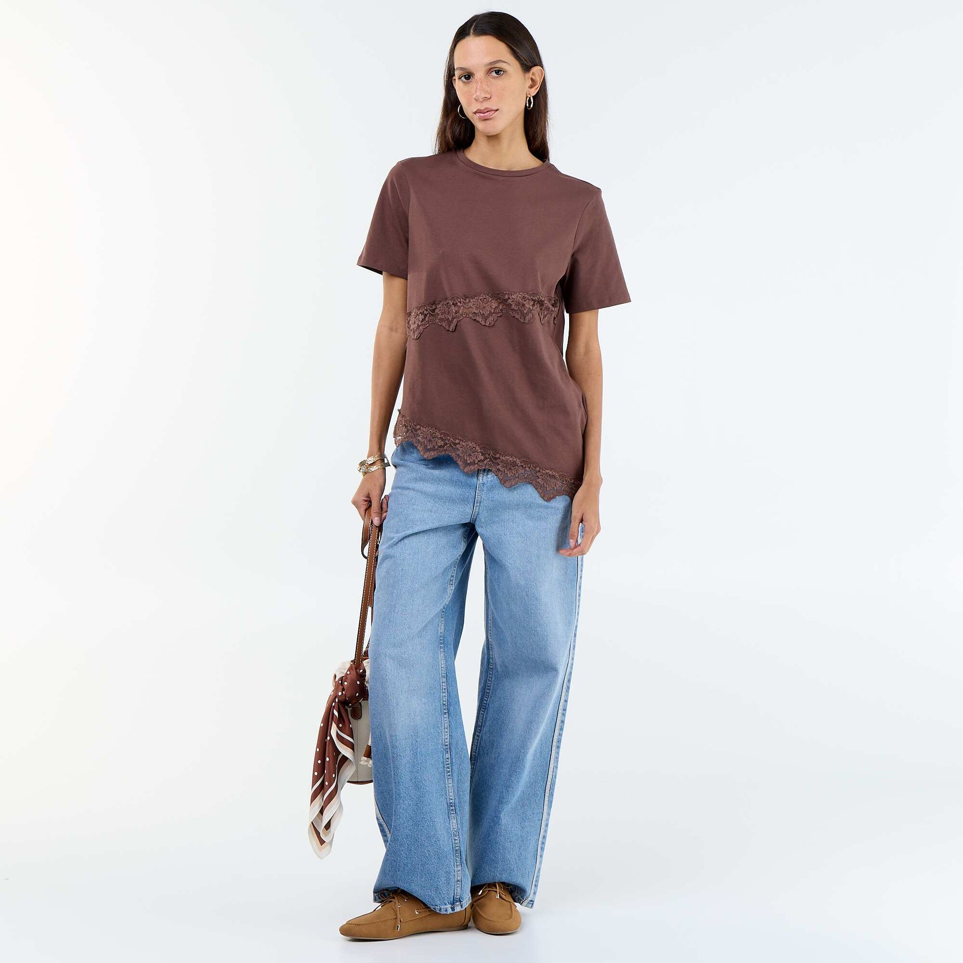 Short-sleeved T-shirt with lace BROWN