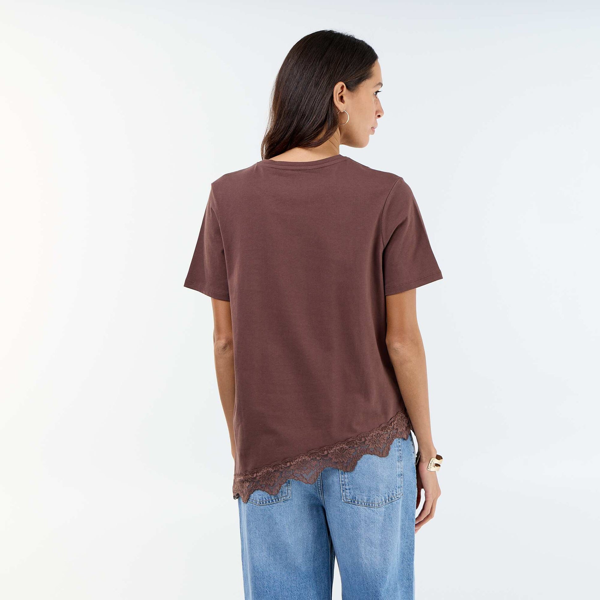 Short-sleeved T-shirt with lace BROWN
