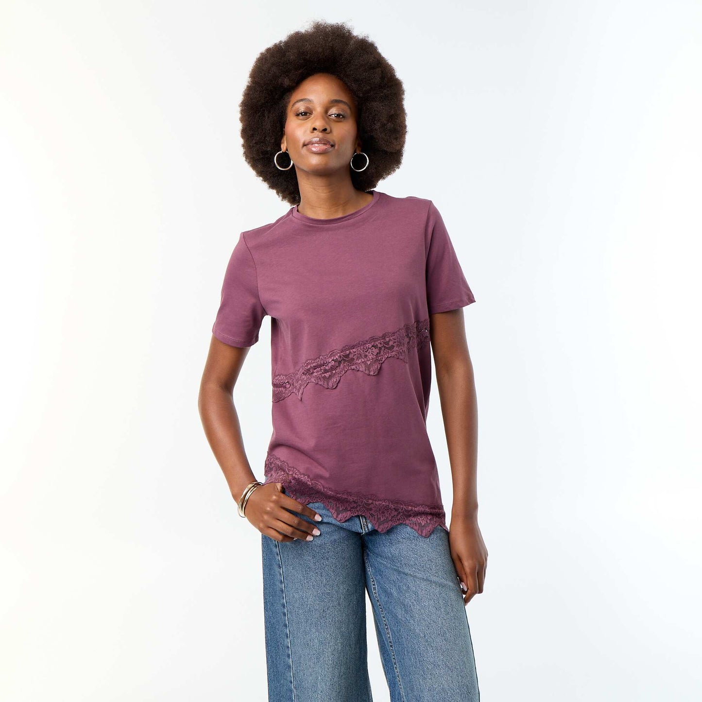 Short-sleeved T-shirt with lace PURPLE