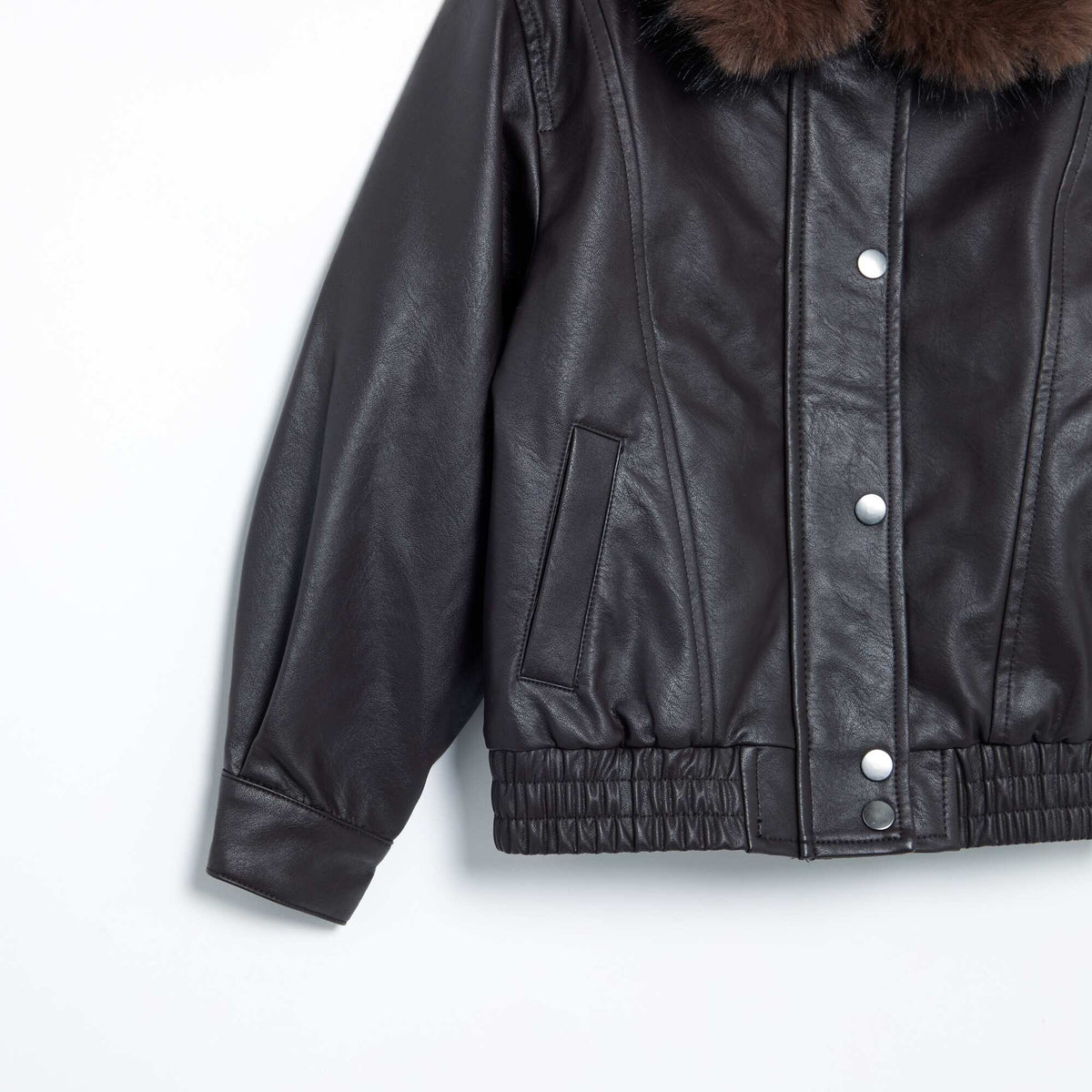 Faux Leather Bomber Jacket with Detachable Faux Fur Collar BROWN