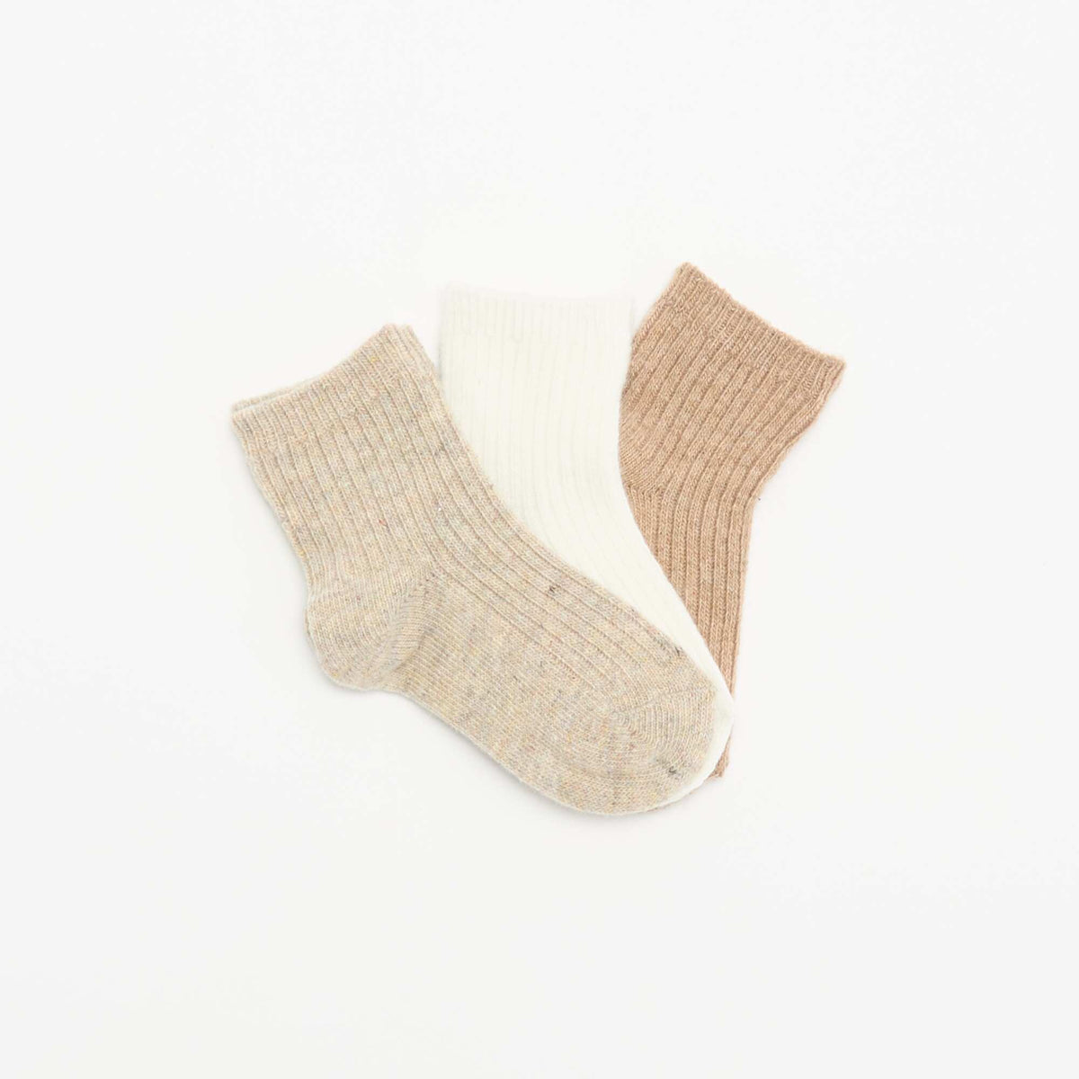 Set of 3 Pairs of Ribbed Knit Socks BEIGE