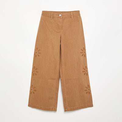 Wide-leg trousers with 'flower' embroidery BROWN
