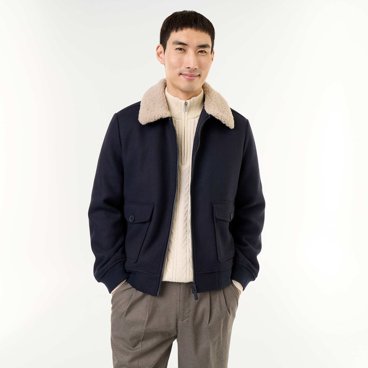 Faux Wool Jacket with Sheepskin-Effect Collar BLUE