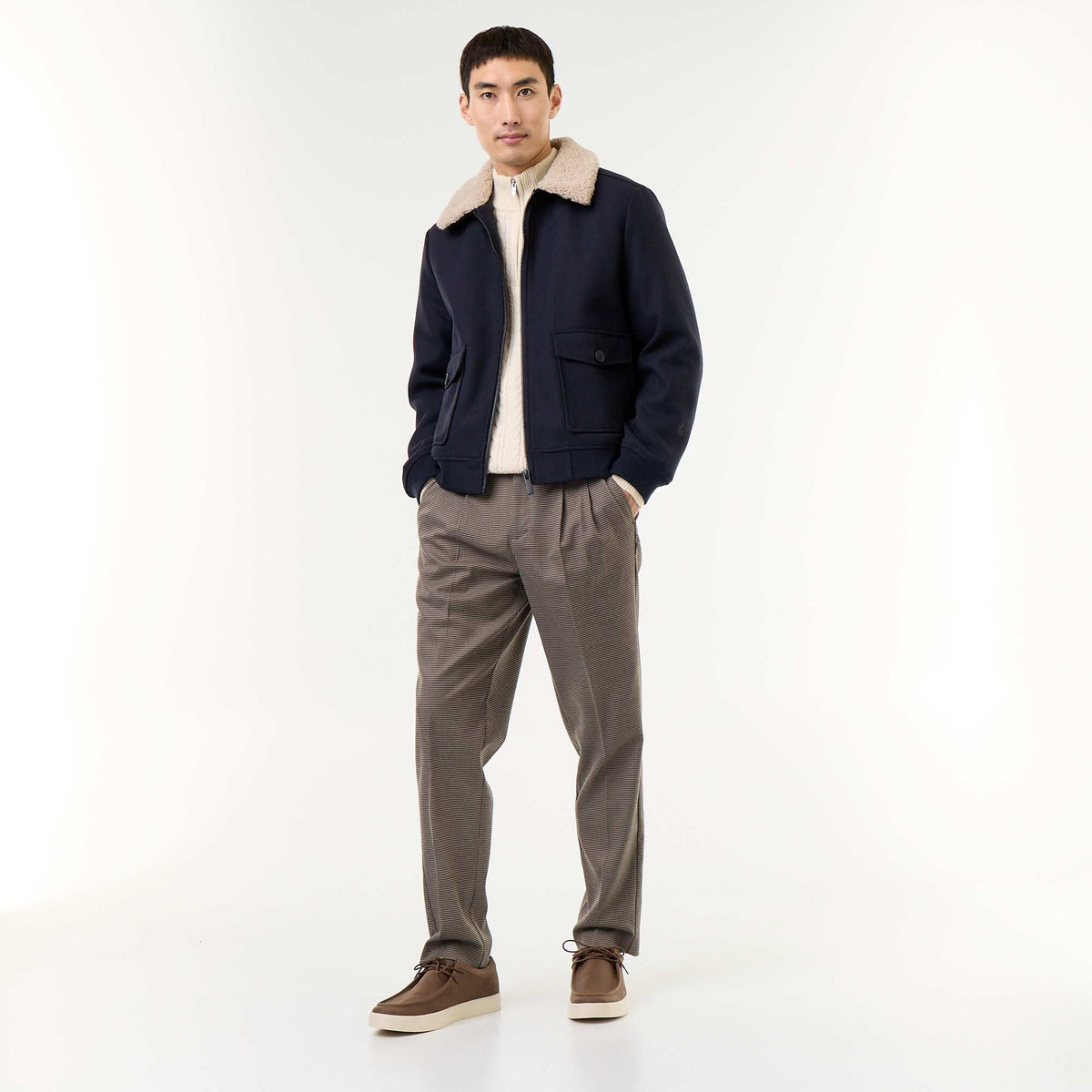 Faux Wool Jacket with Sheepskin-Effect Collar BLUE