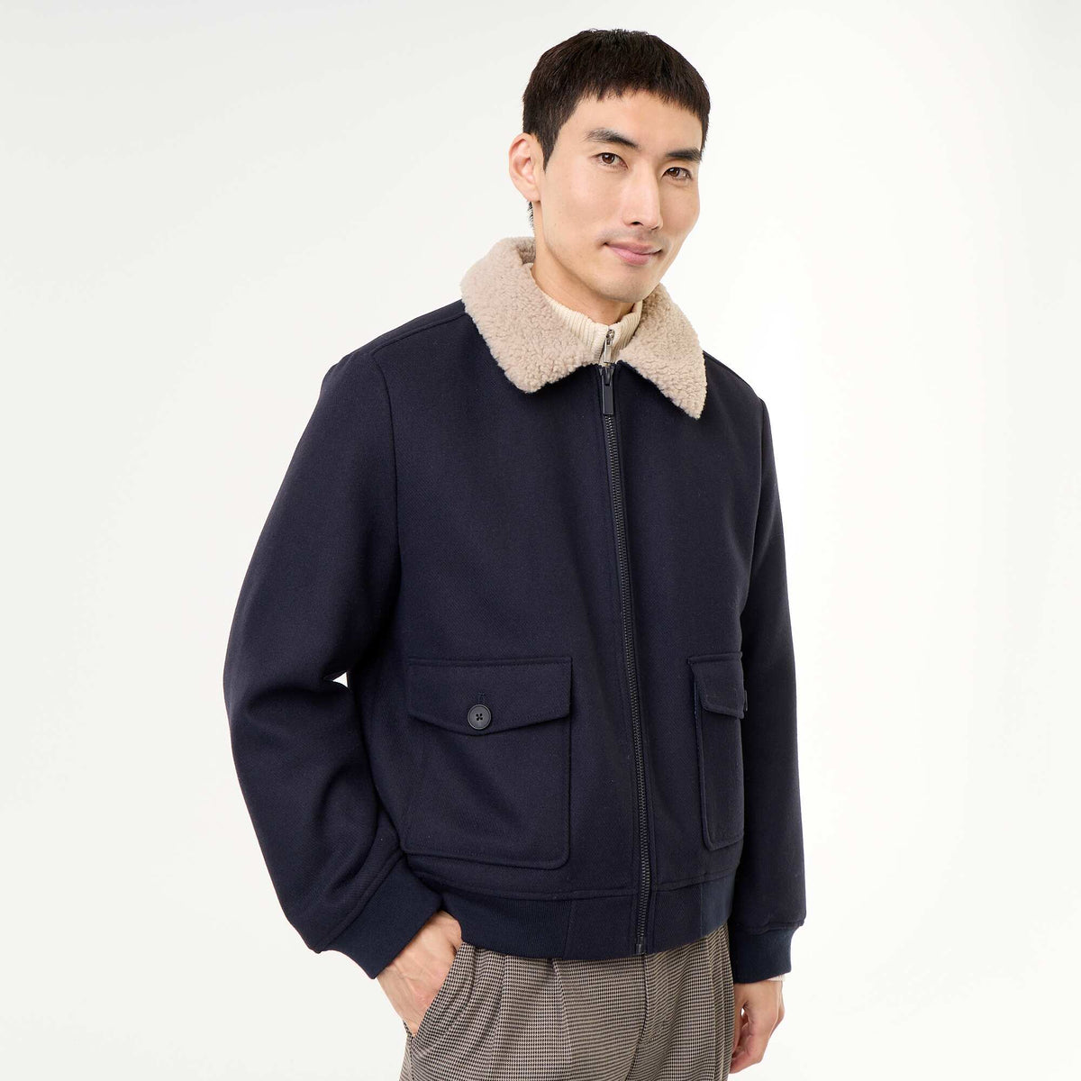 Faux Wool Jacket with Sheepskin-Effect Collar BLUE