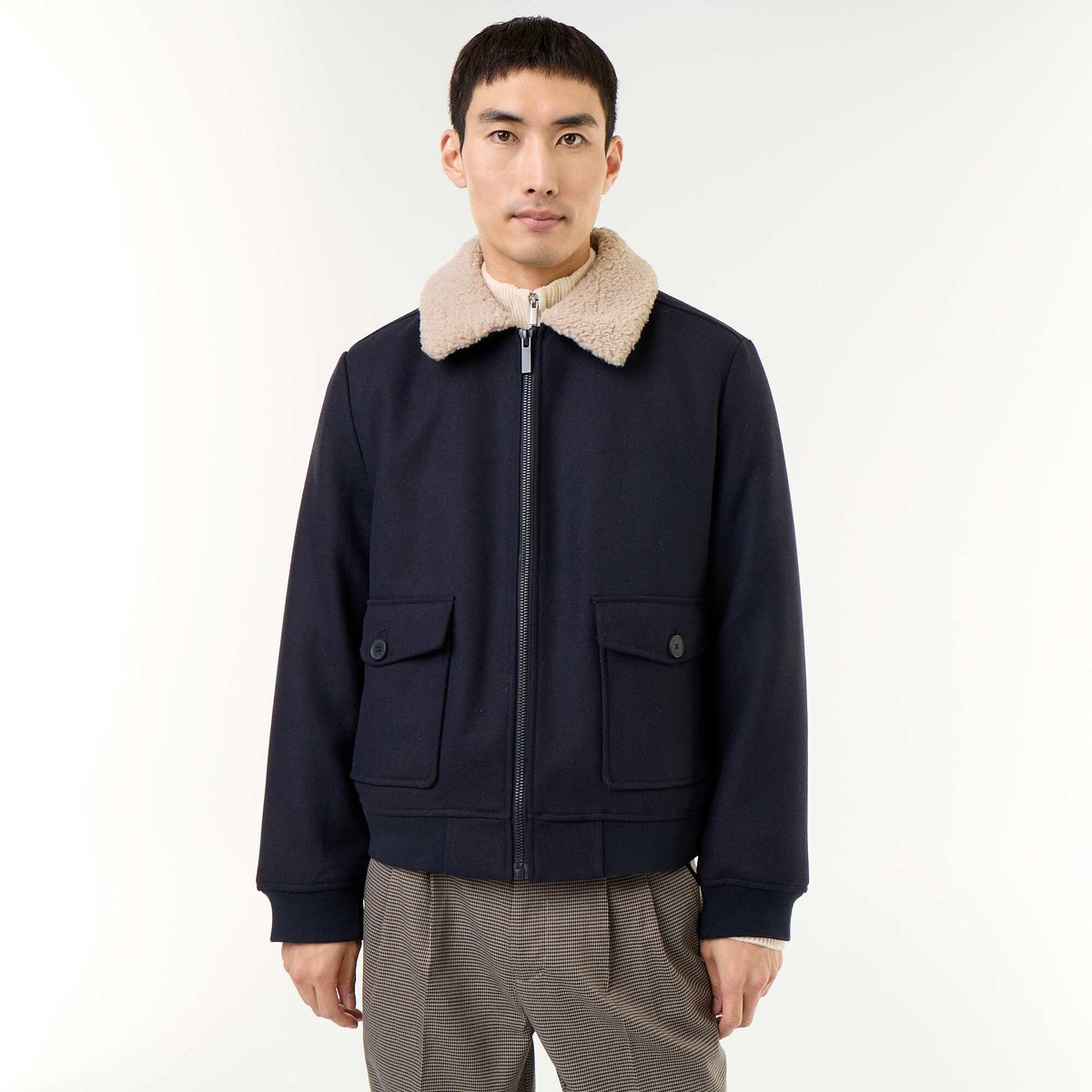 Faux Wool Jacket with Sheepskin-Effect Collar BLUE