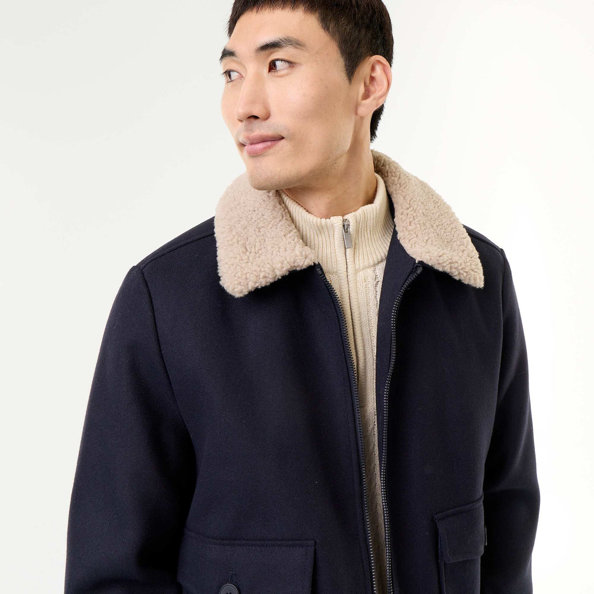 Faux Wool Jacket with Sheepskin-Effect Collar BLUE
