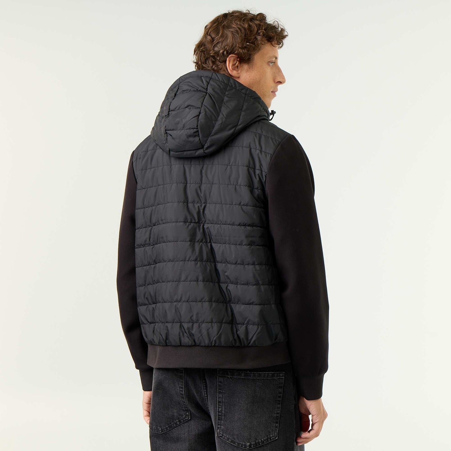 Dual-material hooded zip-up jacket BLACK