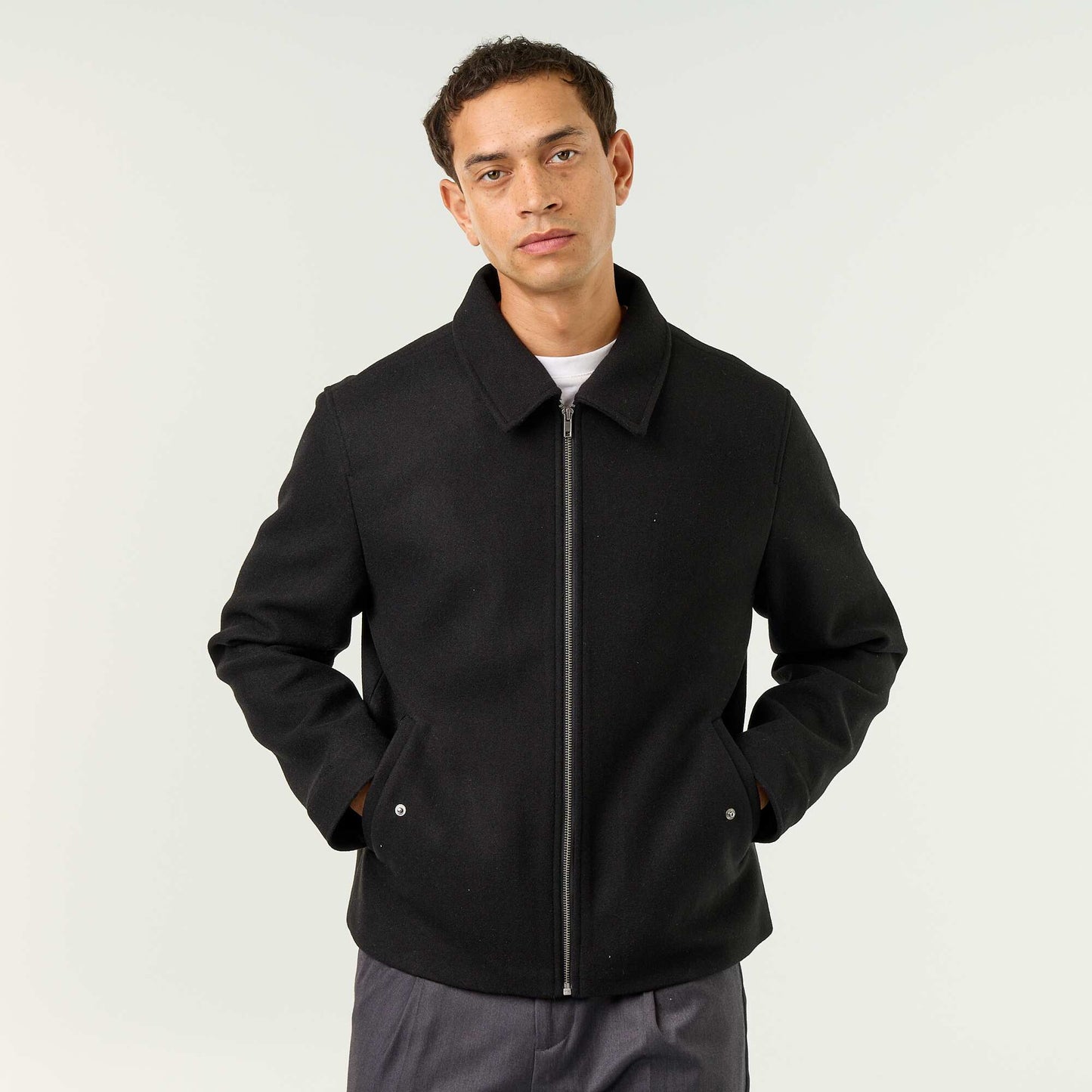 Wool-look shirt collar jacket BLACK