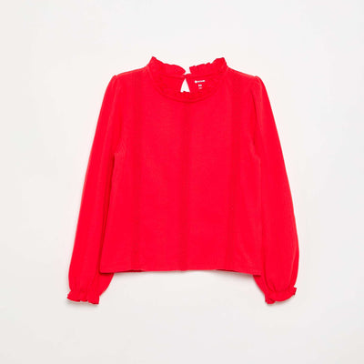 Long-sleeved blouse with ruffled collar RED