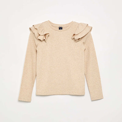 Long-sleeved ribbed knit T-shirt BEIGE