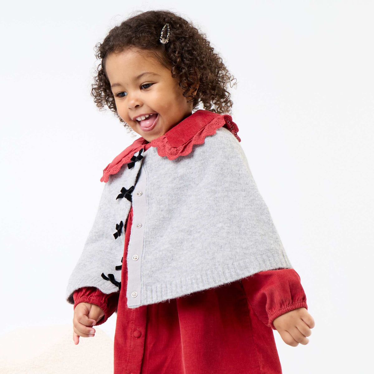 Knit Cape with Velvet Bows GREY