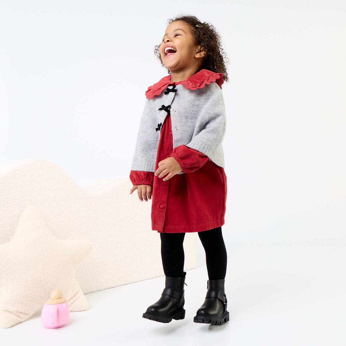 Knit Cape with Velvet Bows GREY