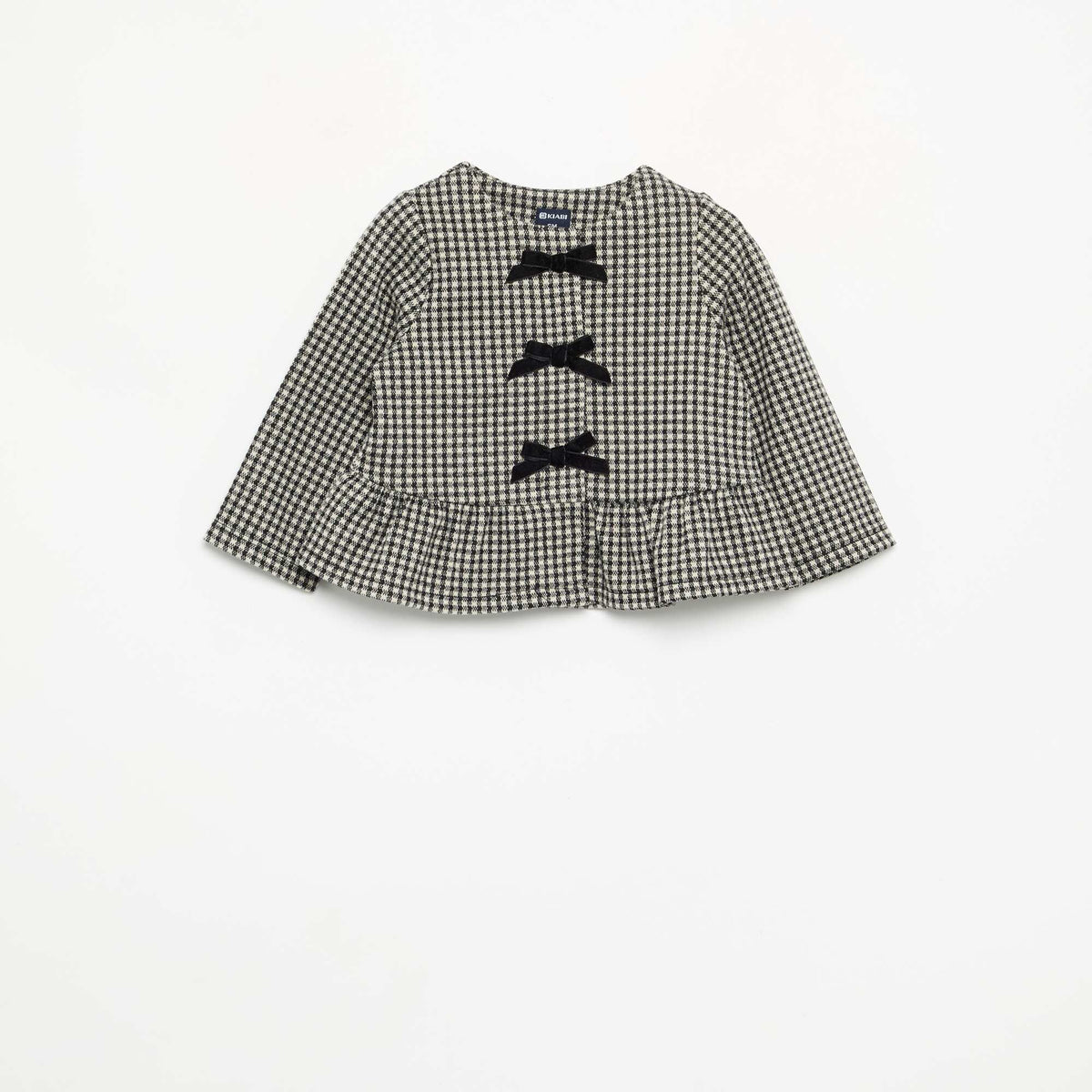 Flannel Blouse with Bows and Ruffled Hem BLACK