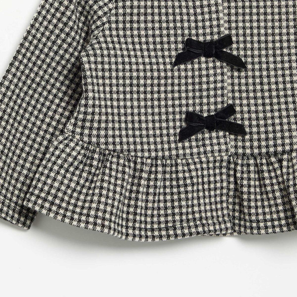 Flannel Blouse with Bows and Ruffled Hem BLACK