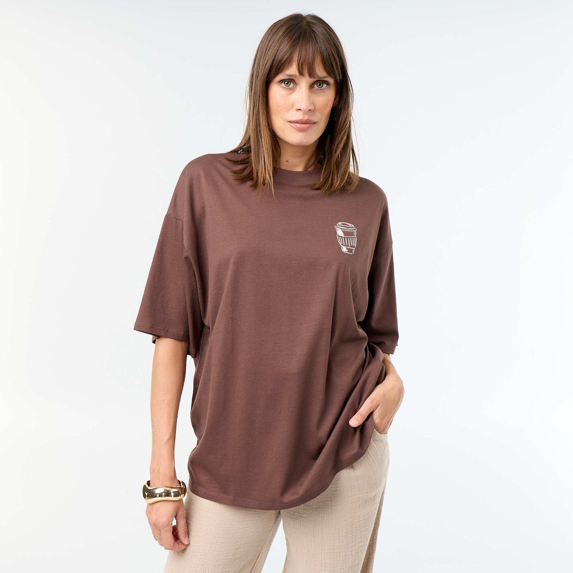 Oversized T-shirt with Back Print BROWN