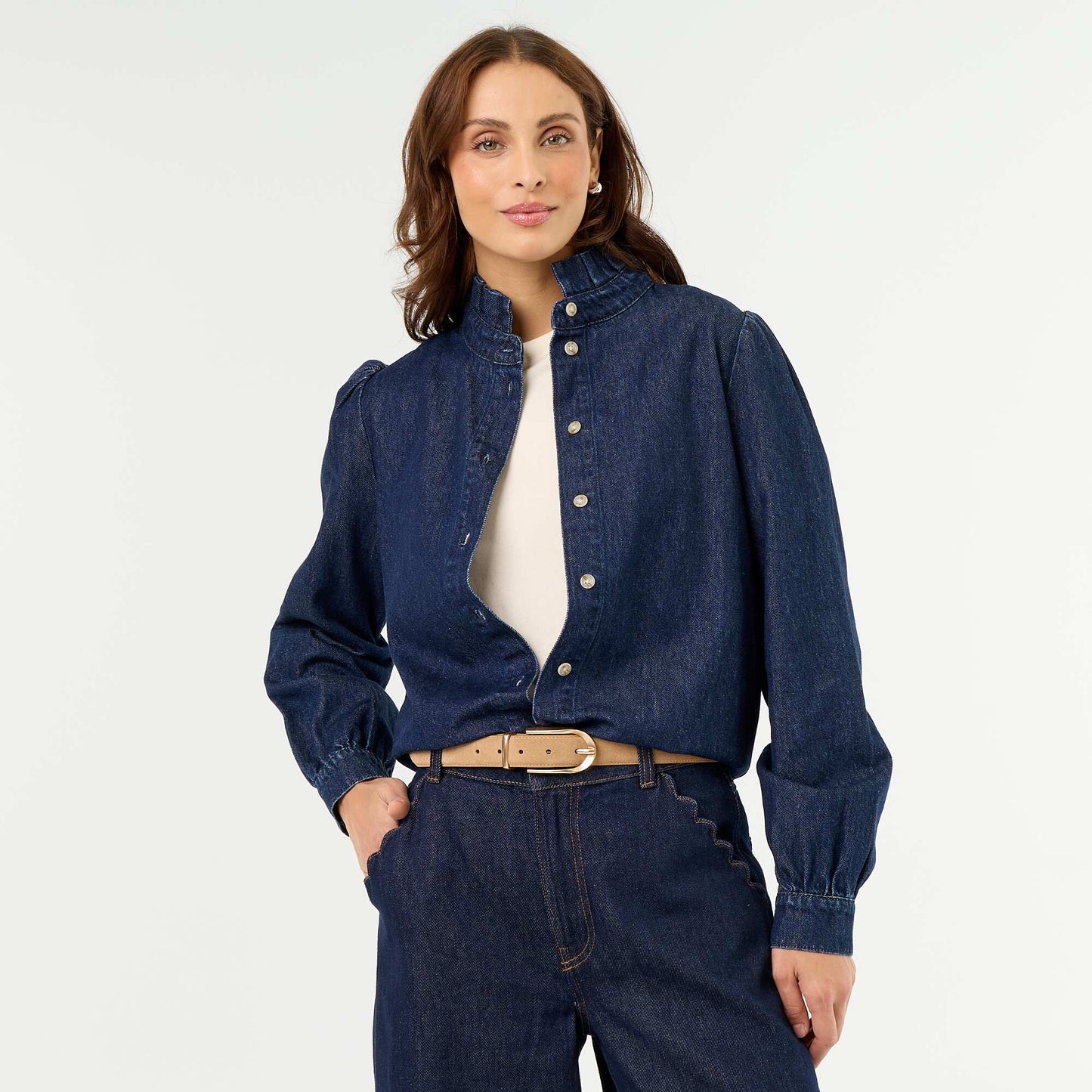Denim Blouse with Ruffled Collar BLUE