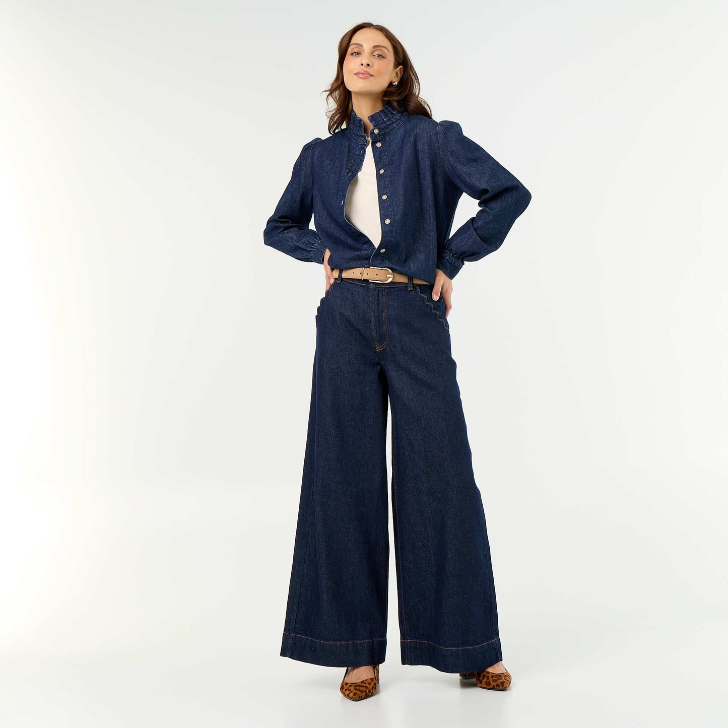 Denim Blouse with Ruffled Collar BLUE