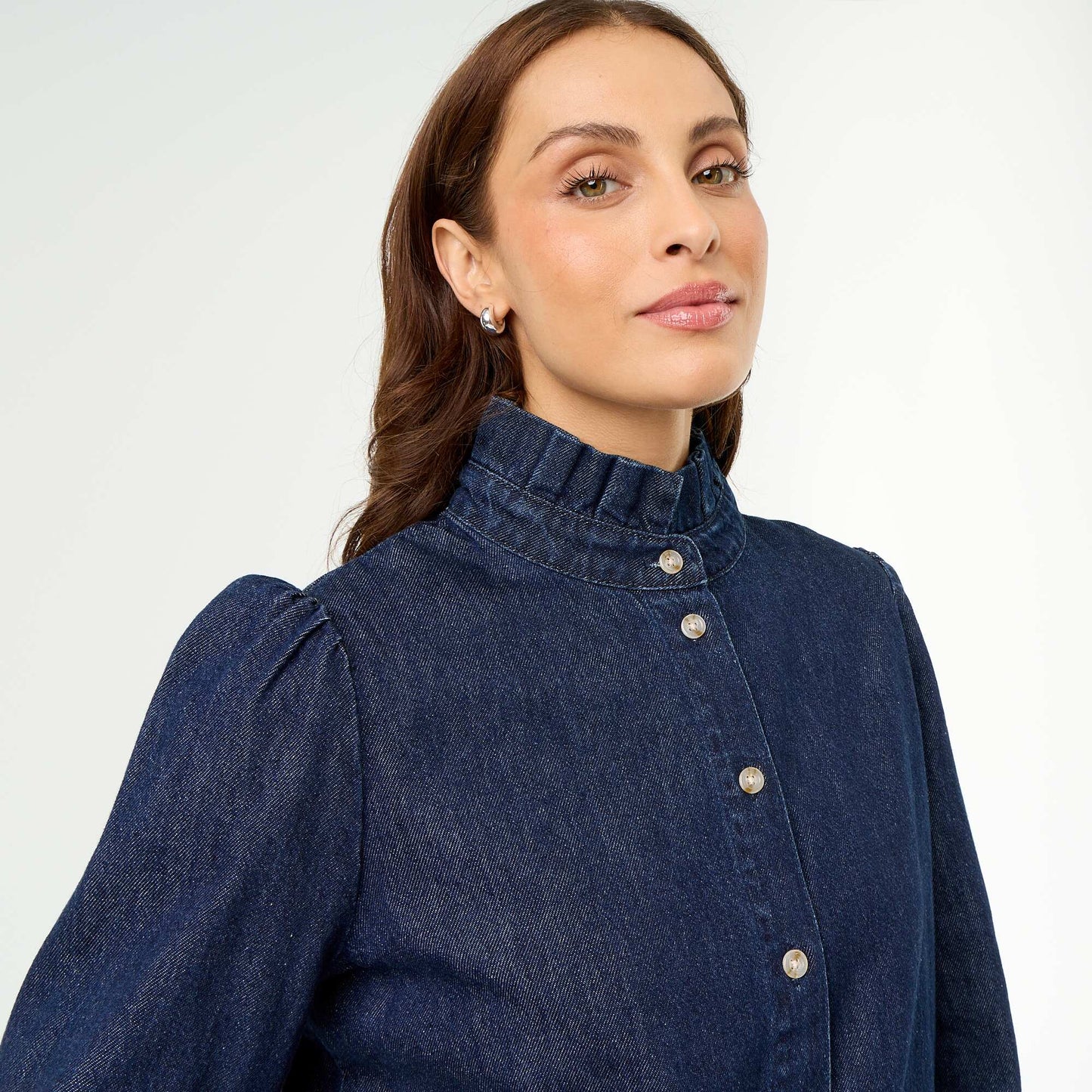 Denim Blouse with Ruffled Collar BLUE
