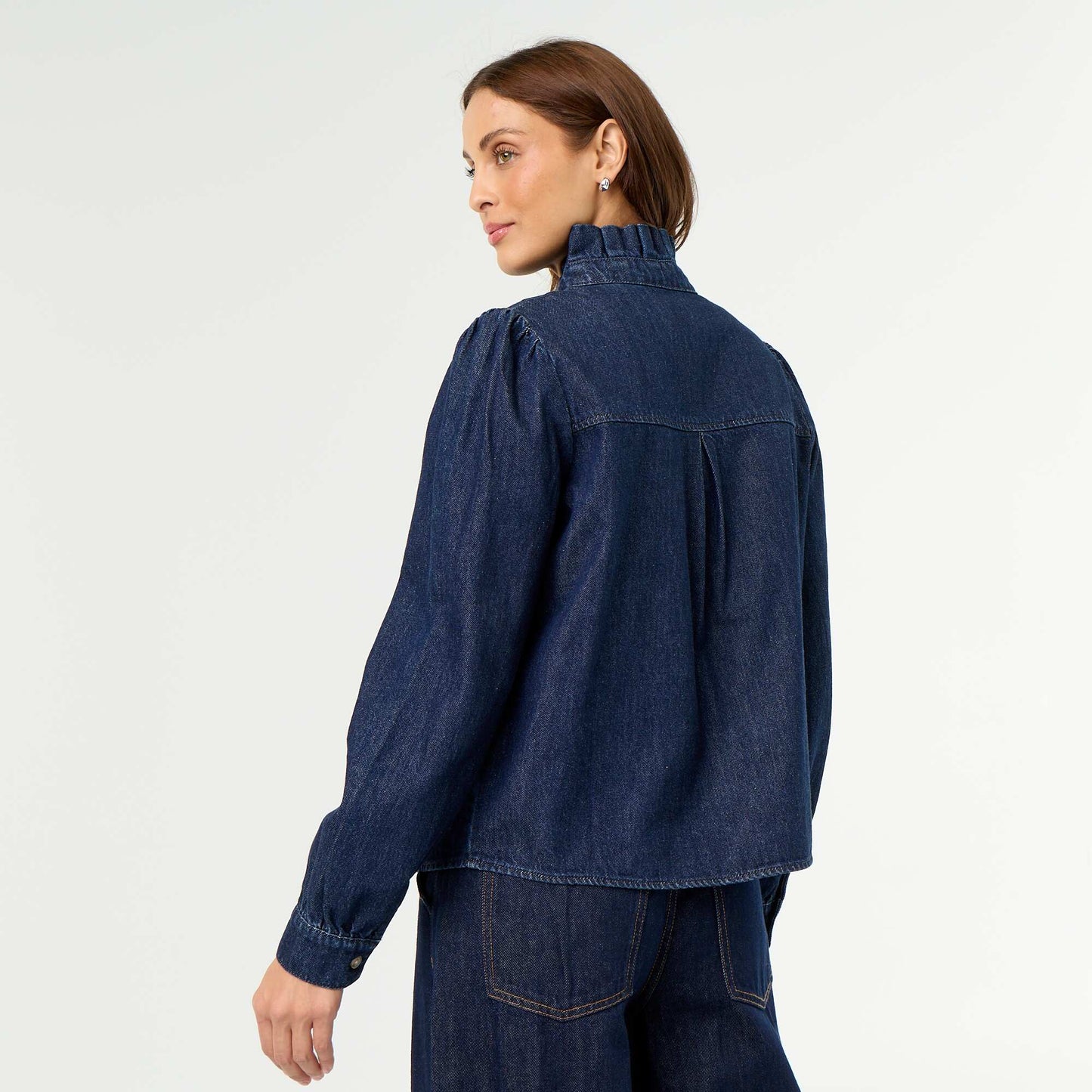 Denim Blouse with Ruffled Collar BLUE