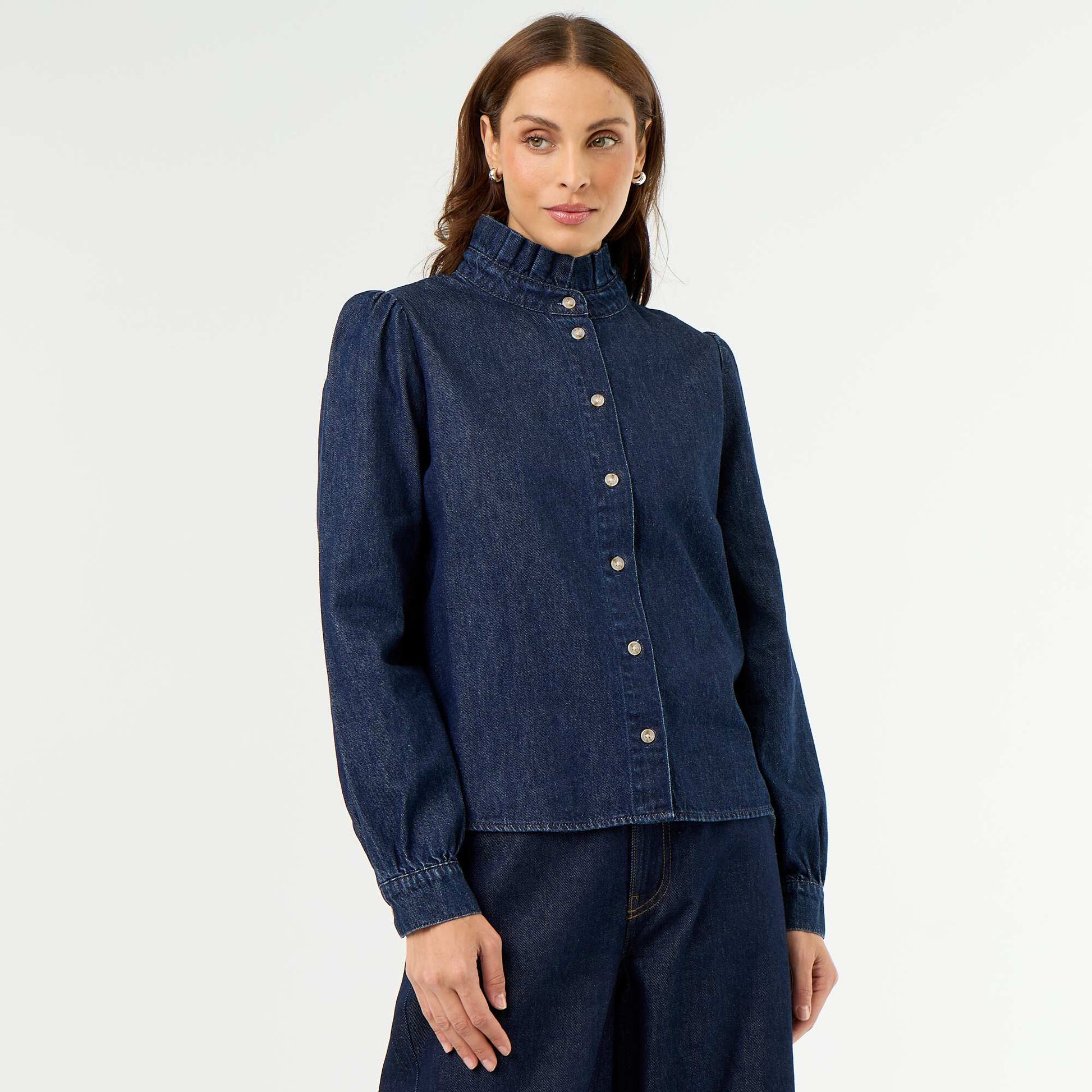 Denim Blouse with Ruffled Collar BLUE