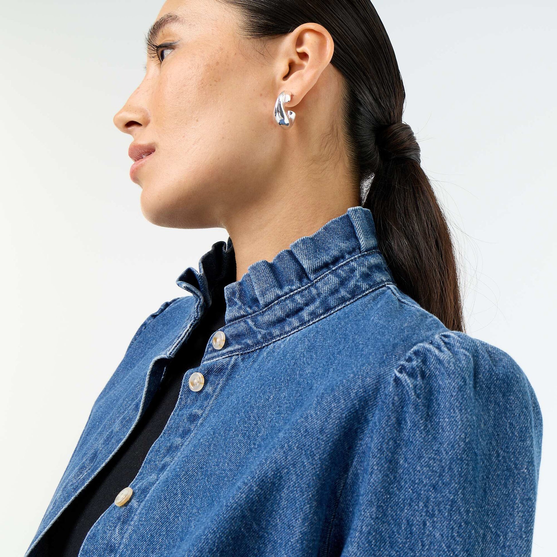 Denim Blouse with Ruffled Collar BLUE