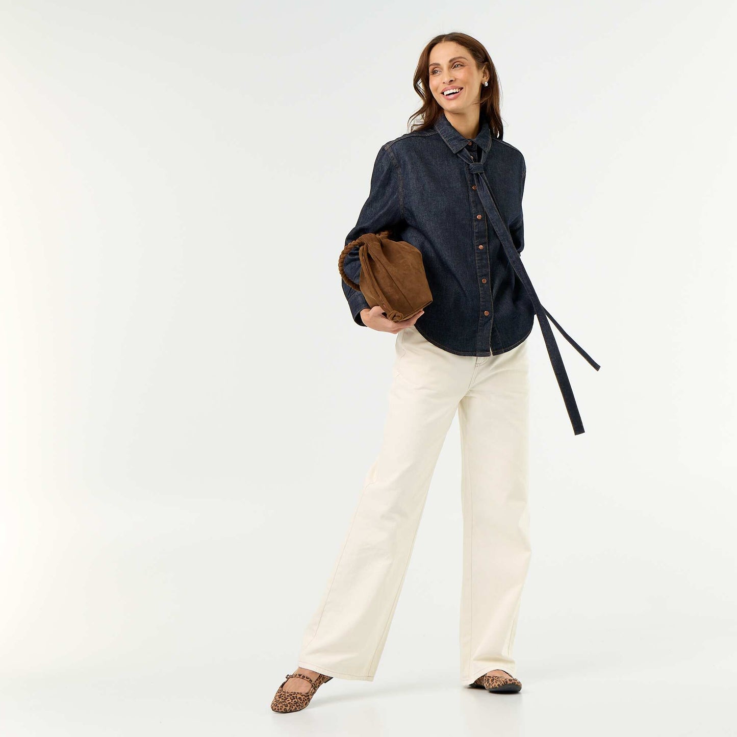 Denim Shirt with Pussy-Bow Collar BLUE