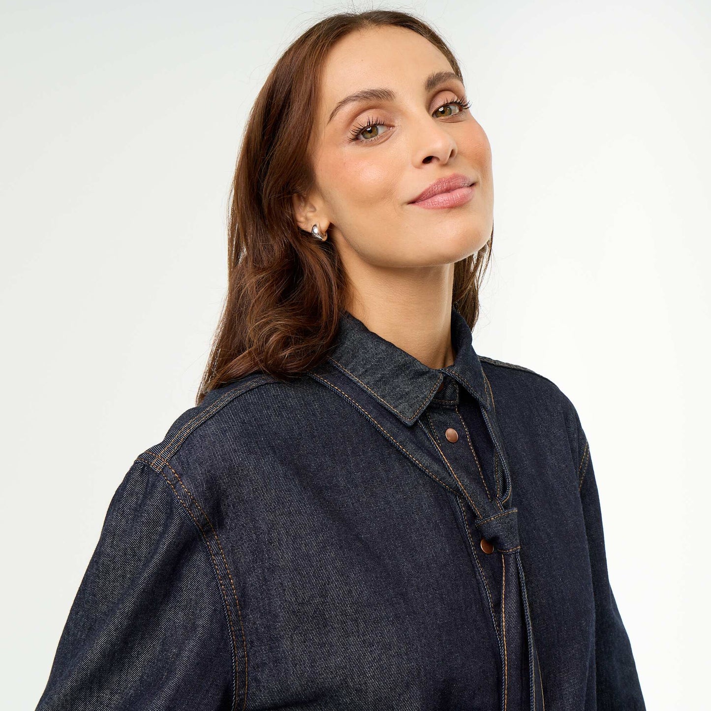 Denim Shirt with Pussy-Bow Collar BLUE