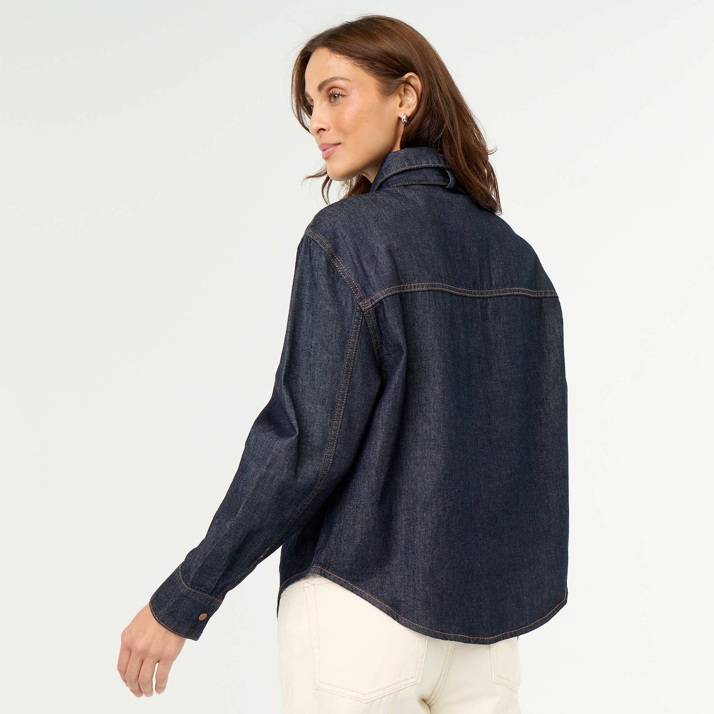 Denim Shirt with Pussy-Bow Collar BLUE