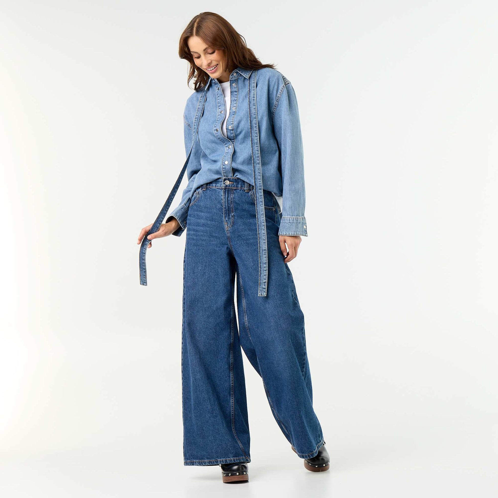 Denim Shirt with Pussy-Bow Collar BLUE