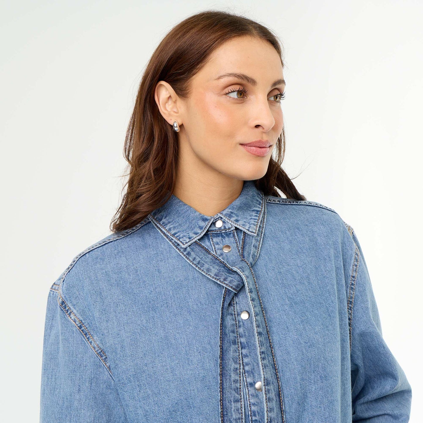 Denim Shirt with Pussy-Bow Collar BLUE