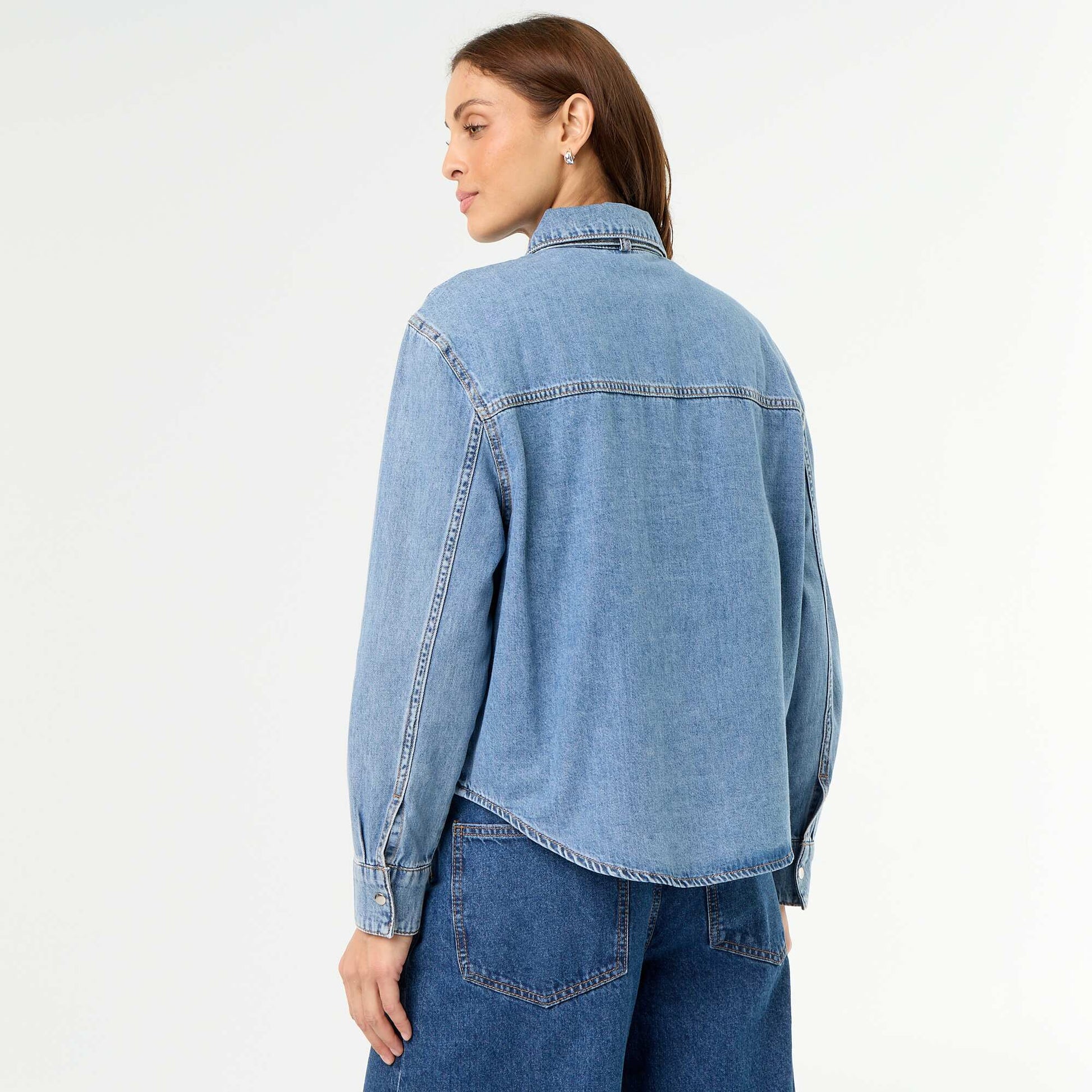 Denim Shirt with Pussy-Bow Collar BLUE
