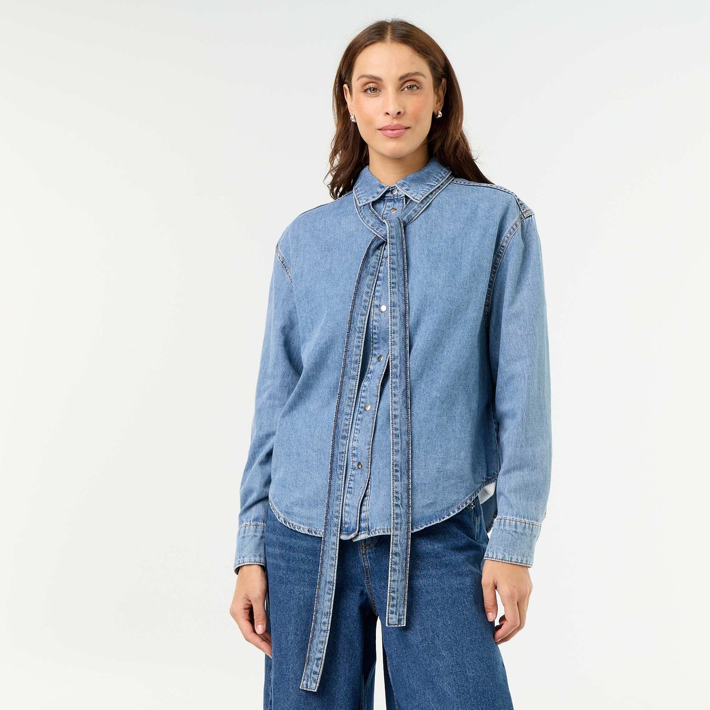 Denim Shirt with Pussy-Bow Collar BLUE