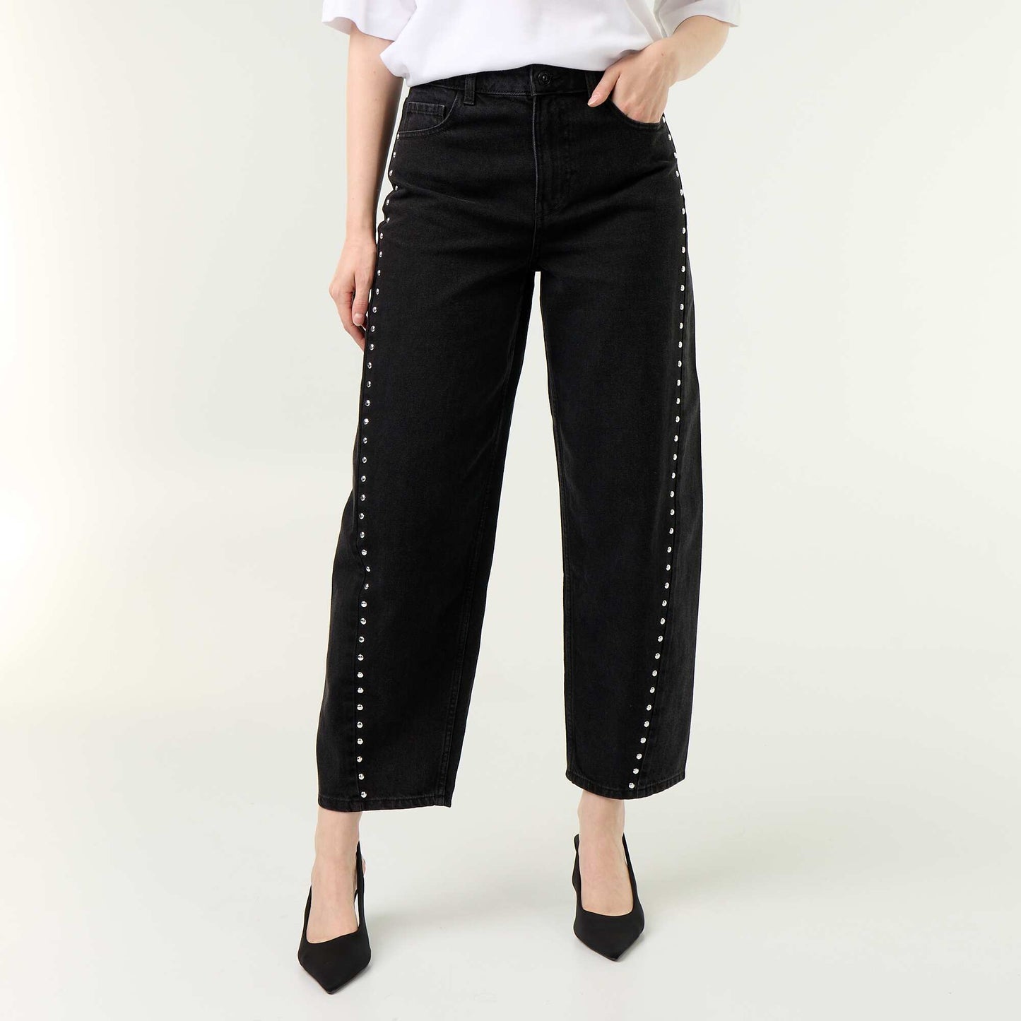 Wide-leg jeans with decorative studs BLACK