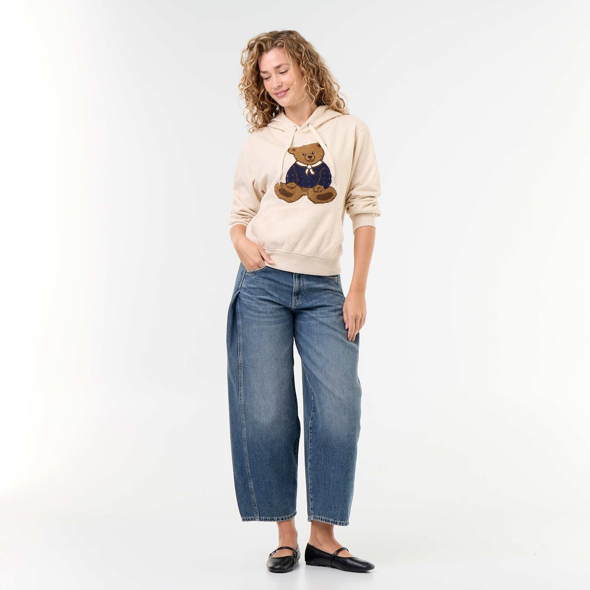 Hooded Sweatshirt with Embroidered Bear BEIGE