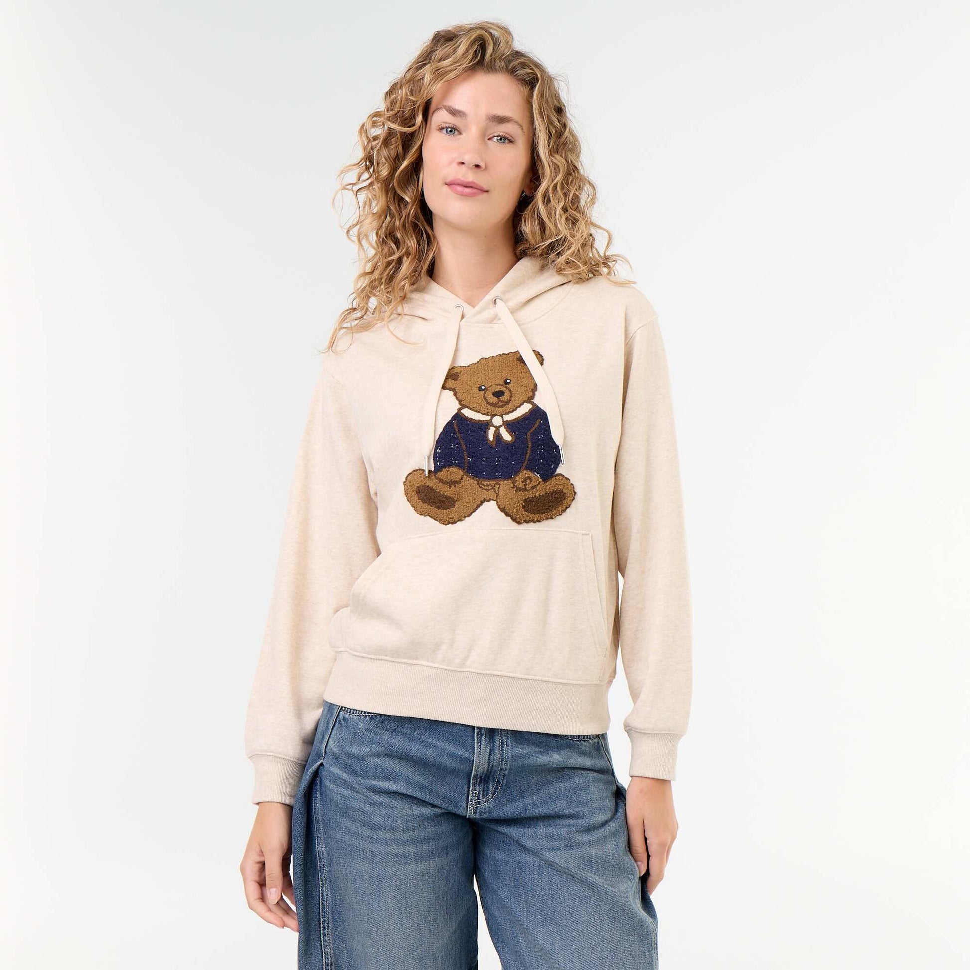 Hooded Sweatshirt with Embroidered Bear BEIGE