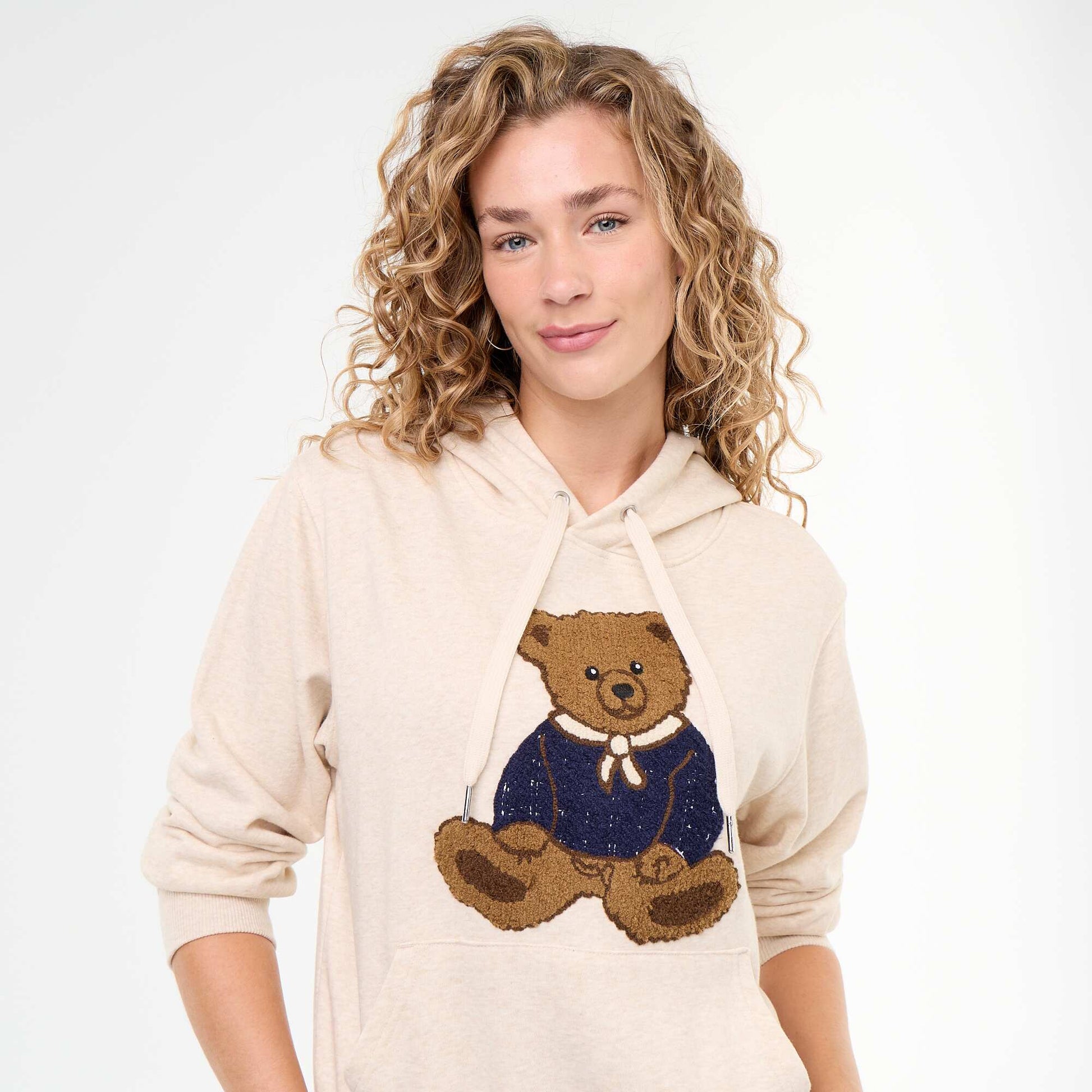 Hooded Sweatshirt with Embroidered Bear BEIGE