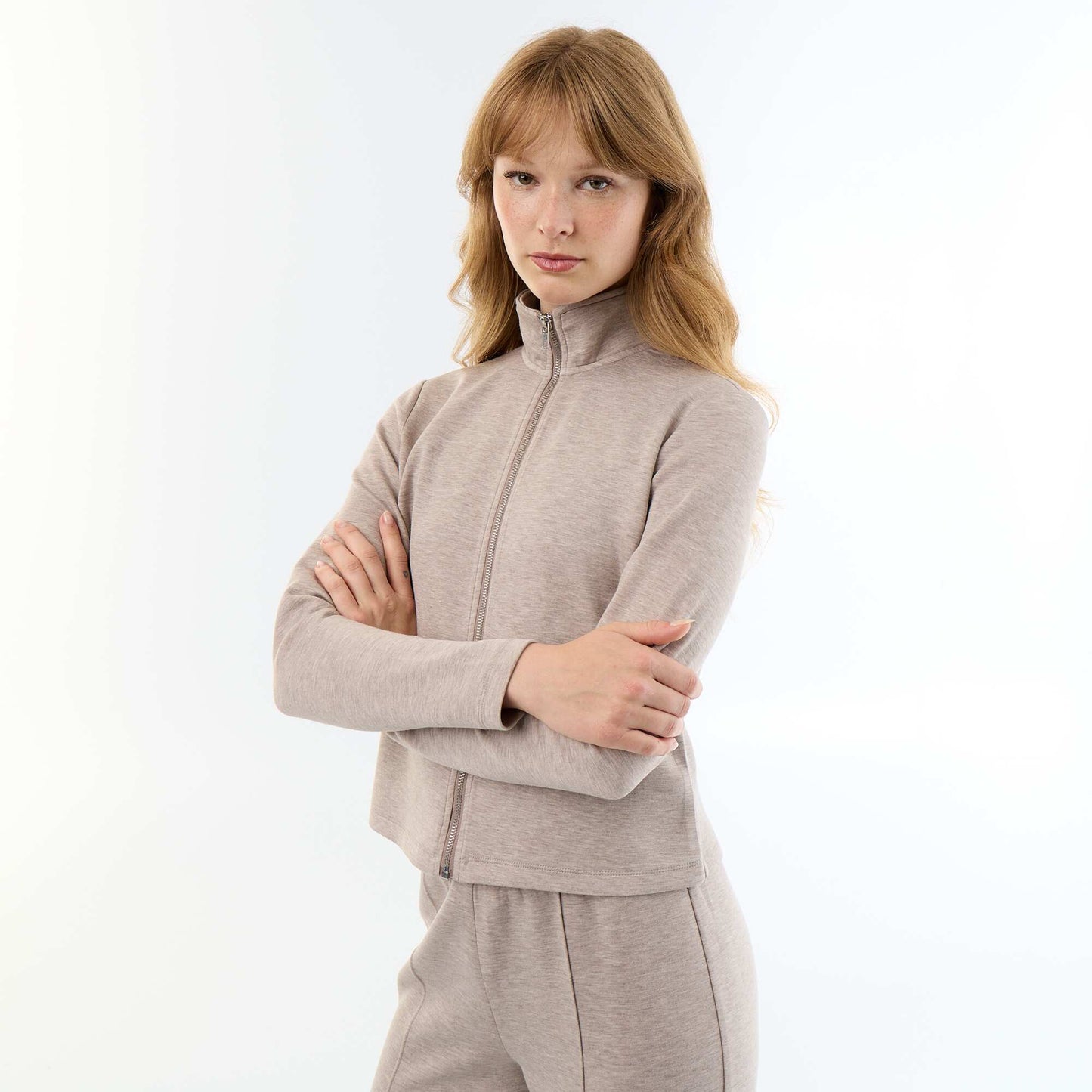 Zip-Up High-Neck Sweater BEIGE
