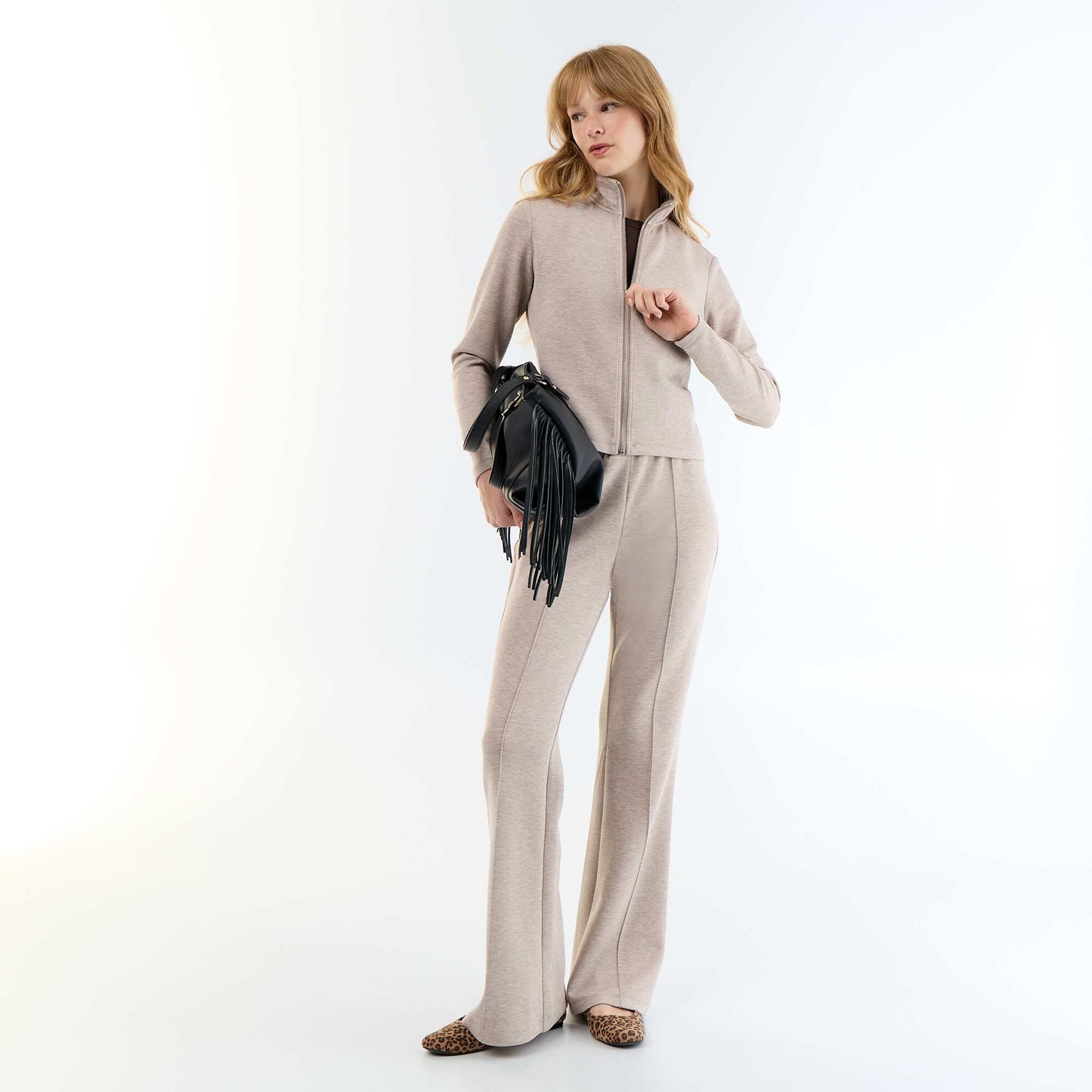 Zip-Up High-Neck Sweater BEIGE