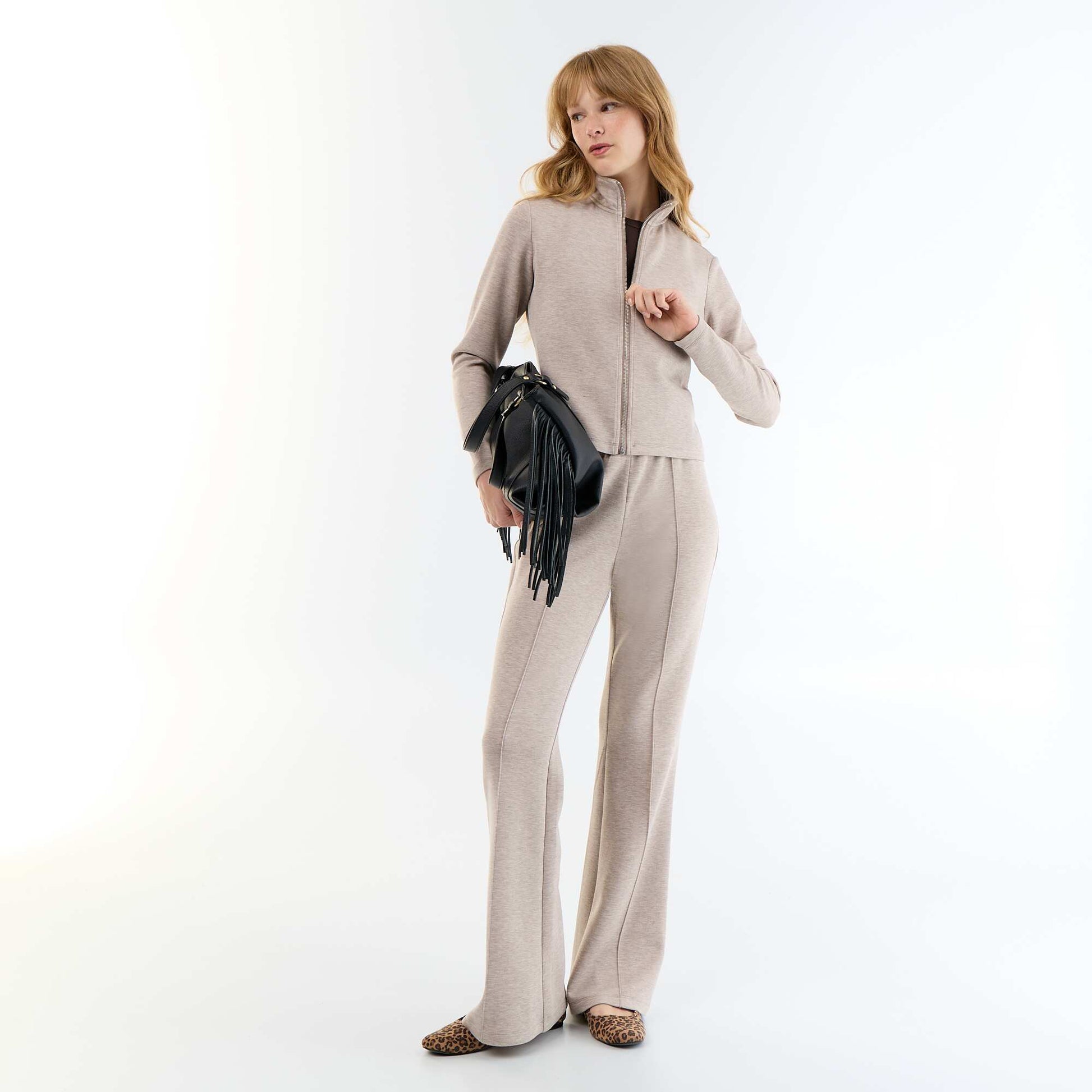 Zip-Up High-Neck Sweater BEIGE