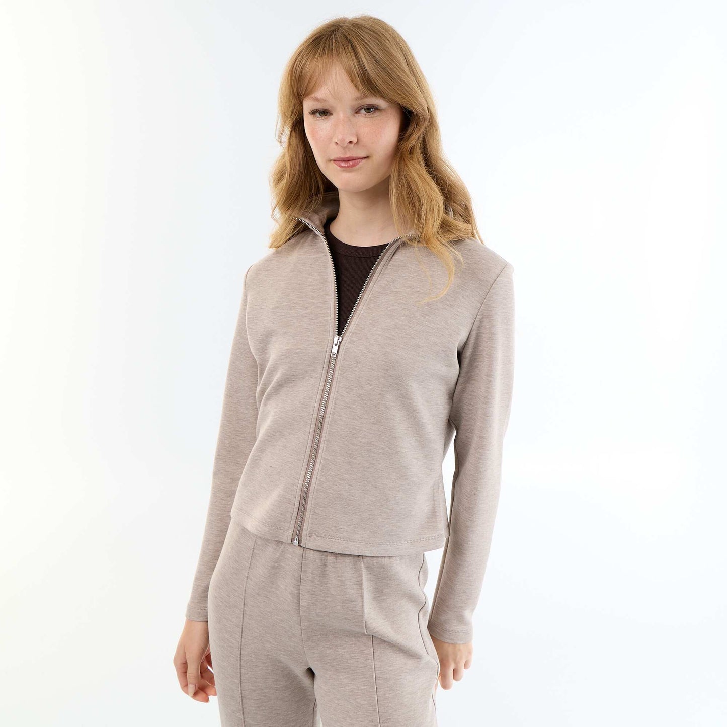 Zip-Up High-Neck Sweater BEIGE