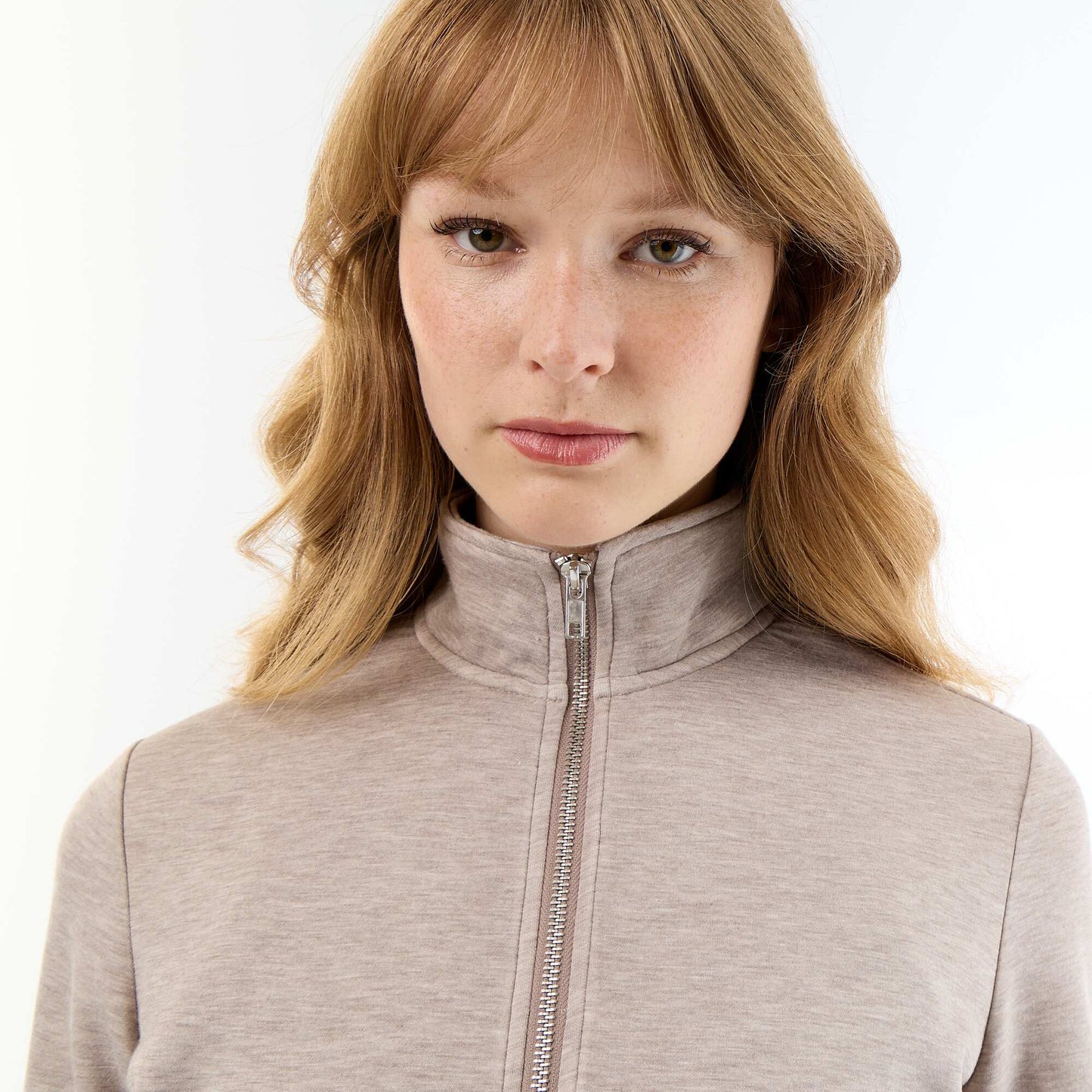 Zip-Up High-Neck Sweater BEIGE